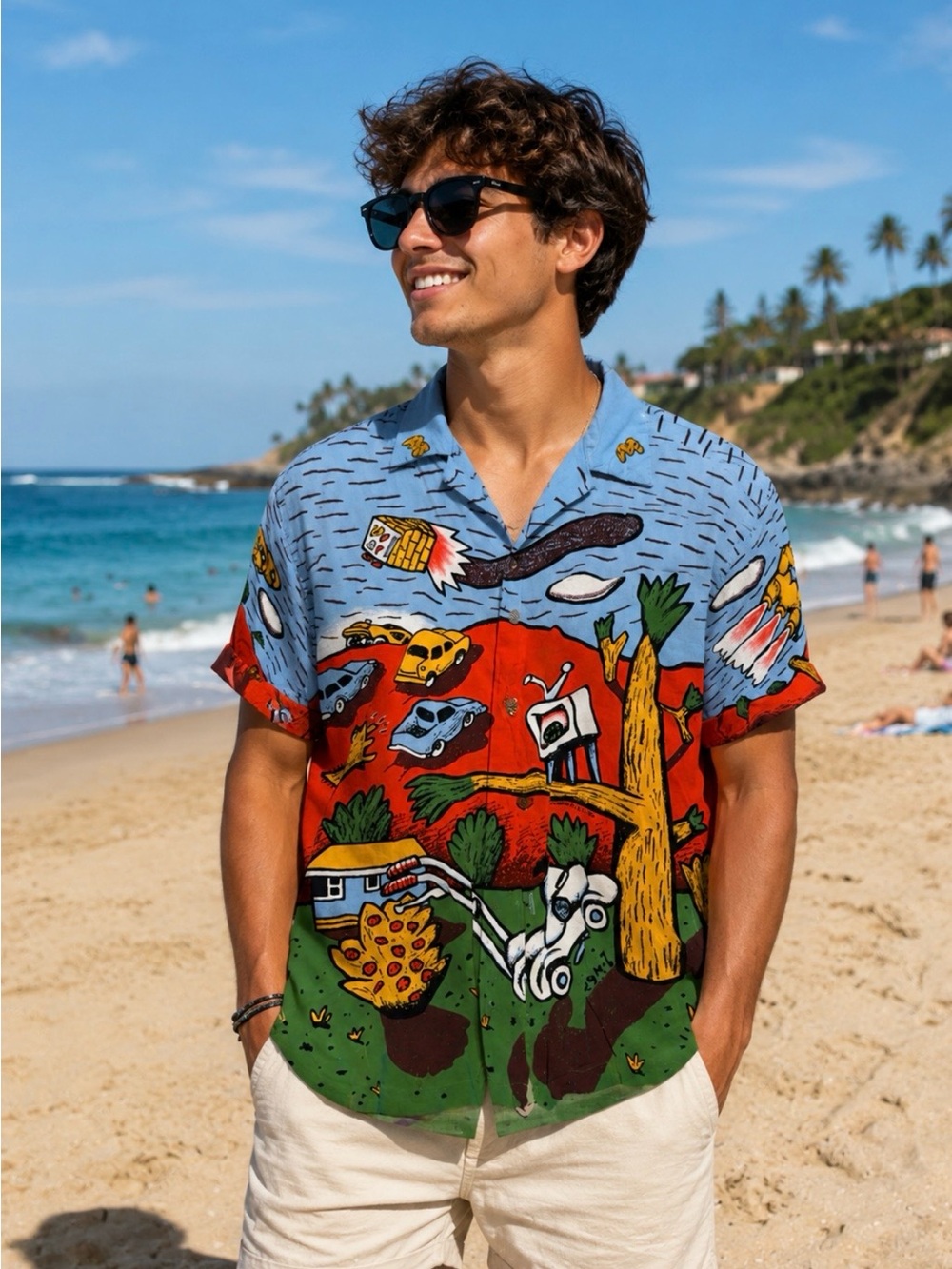 Mambo Loud Shirt Men's Blue & Red Graphic Short-Sleeve Camp Shirt